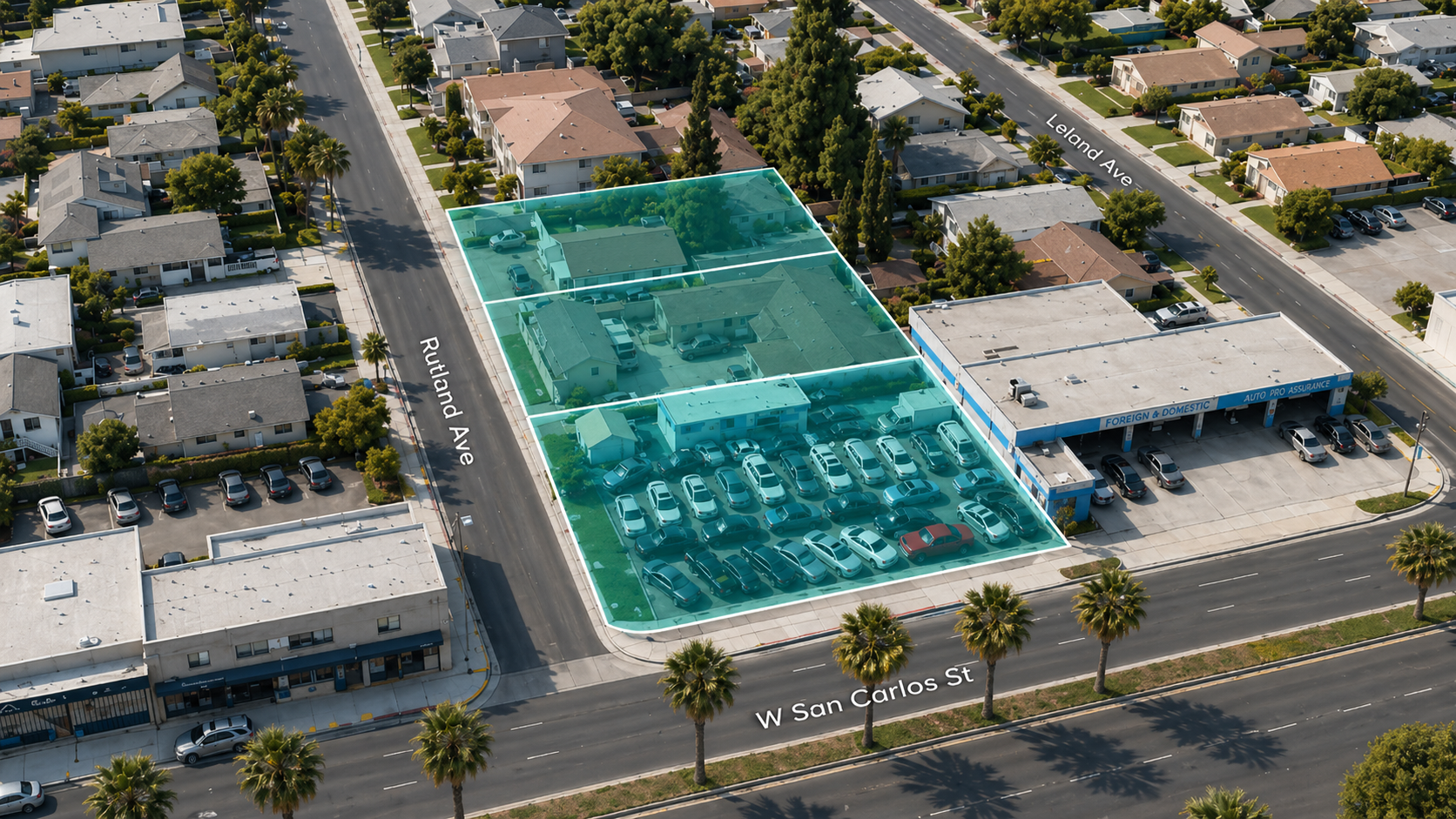 Aerial view of the subject parcel plus the two adjacent Rutland Avenue parcels, all three highlighted
