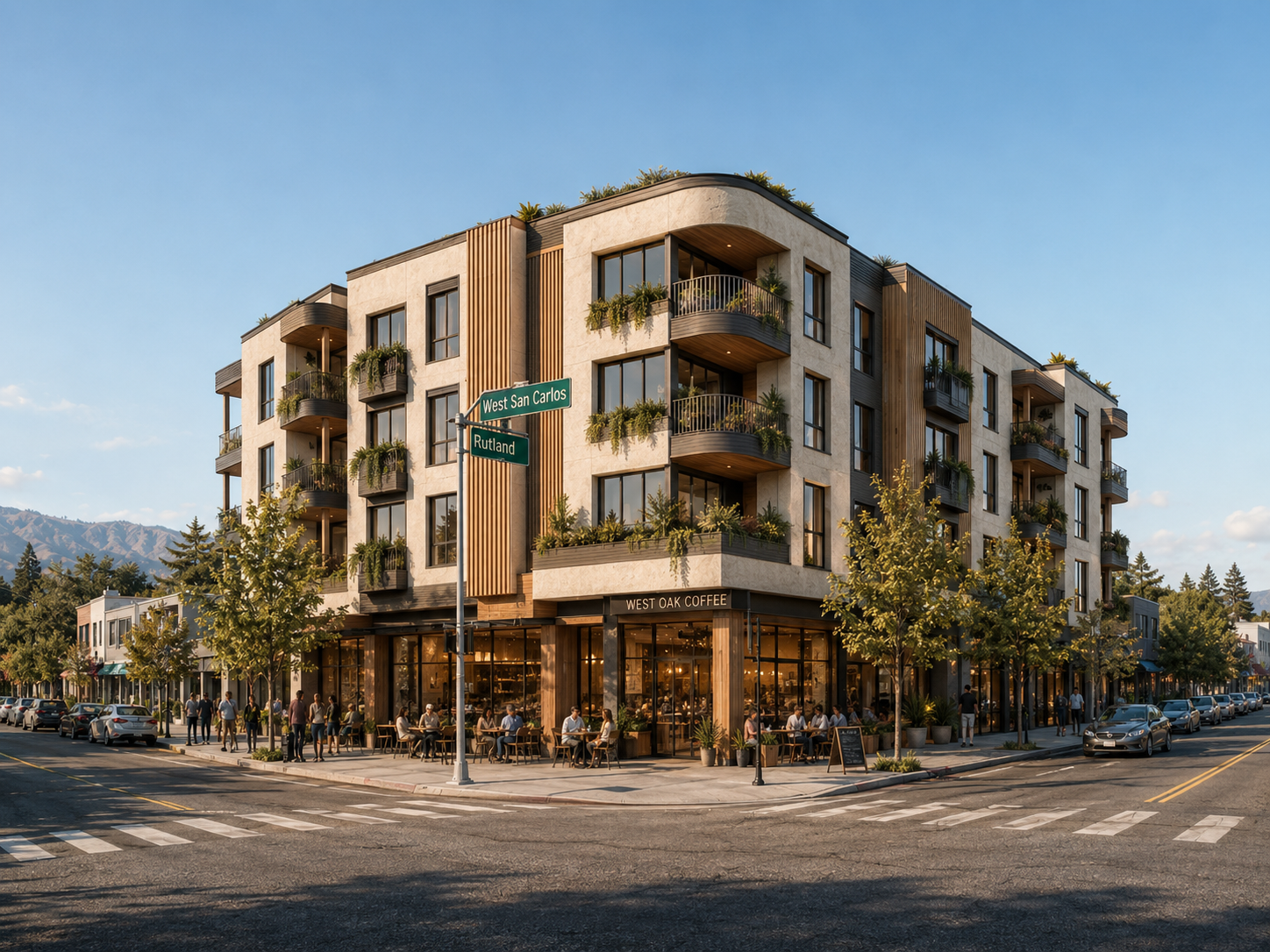 Street-level rendering of a mixed-use building on the site under the Urban Village pathway