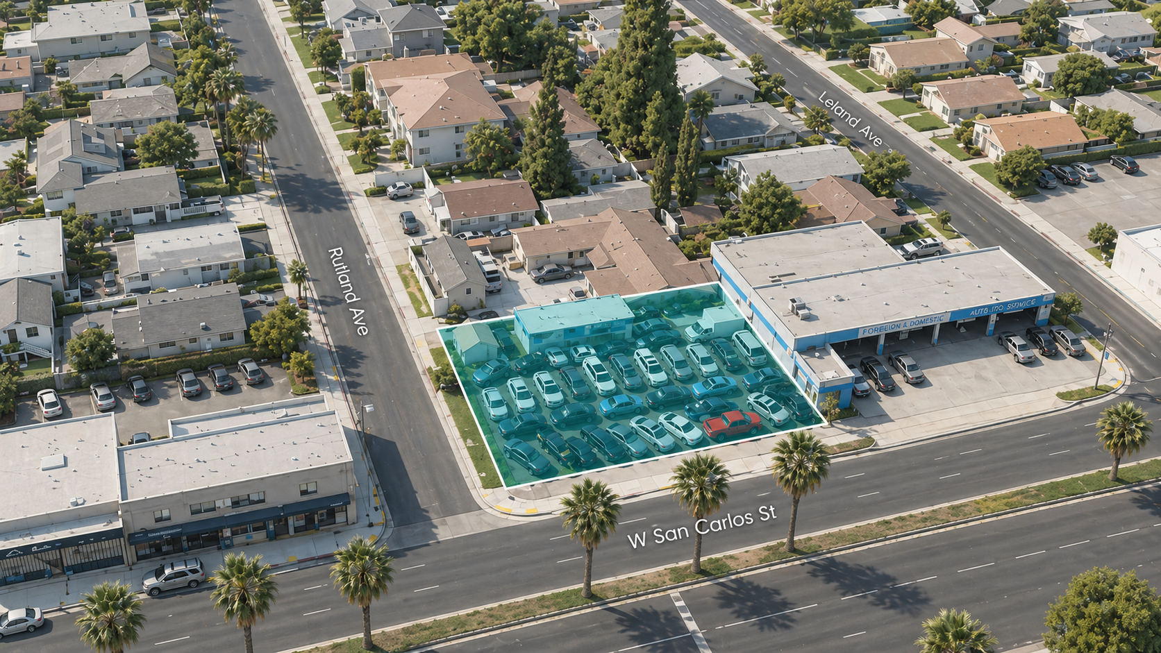 Aerial photograph of the site today, the 8,000 sf parcel highlighted on West San Carlos Street